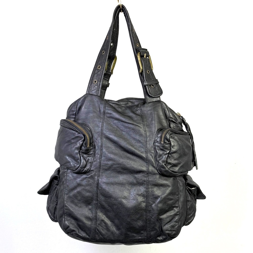 Steven by Steve Madden Black Leather Hobo Bag Cargo Tassel Shoulder Bag Brass